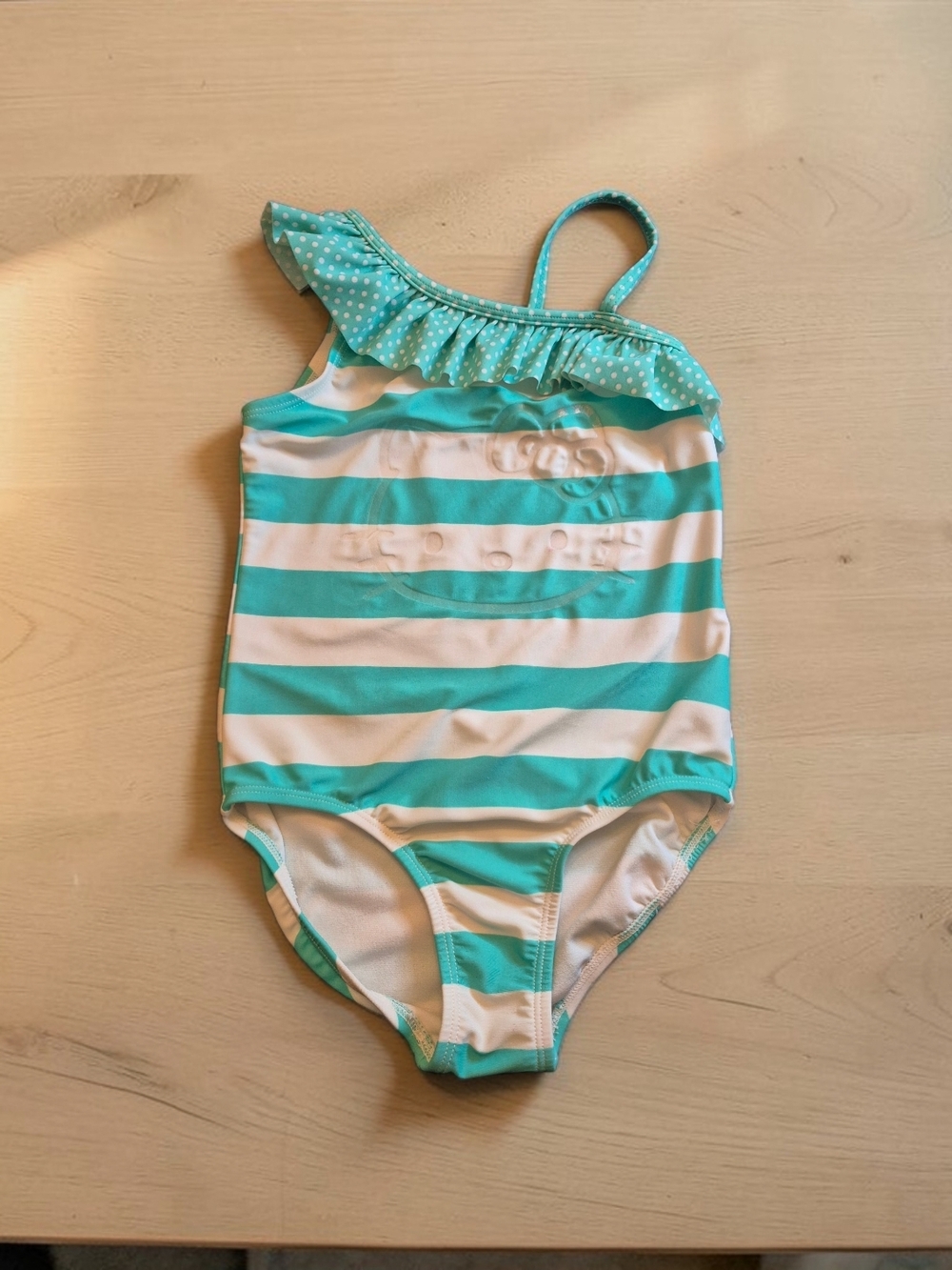 Hello Kitty Girls One-Piece Swimsuit in Aqua and White Stripes